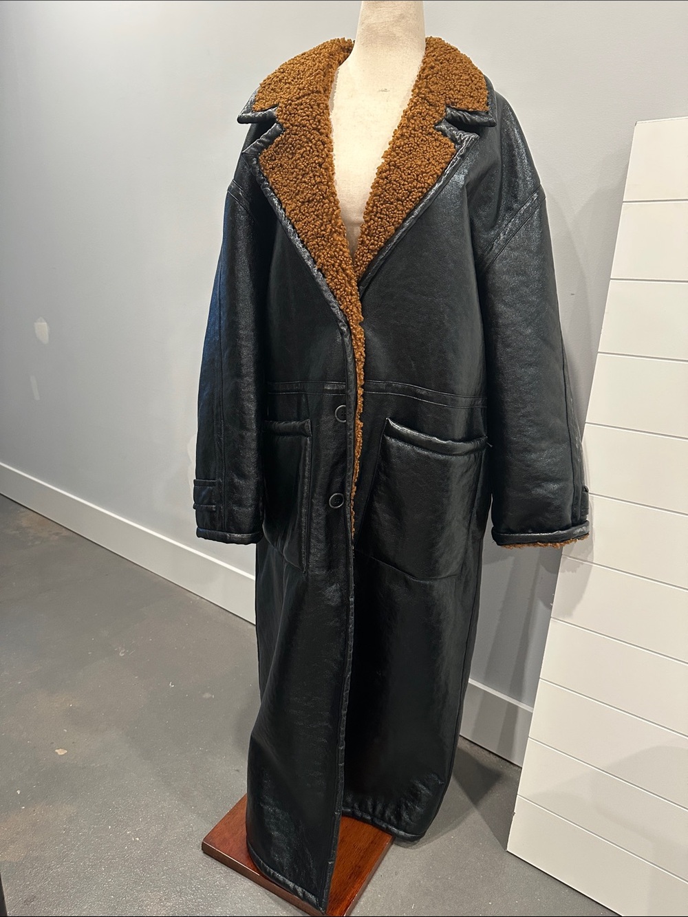We The Free Black Trench Coat with Brown Shearling Trim + Lining